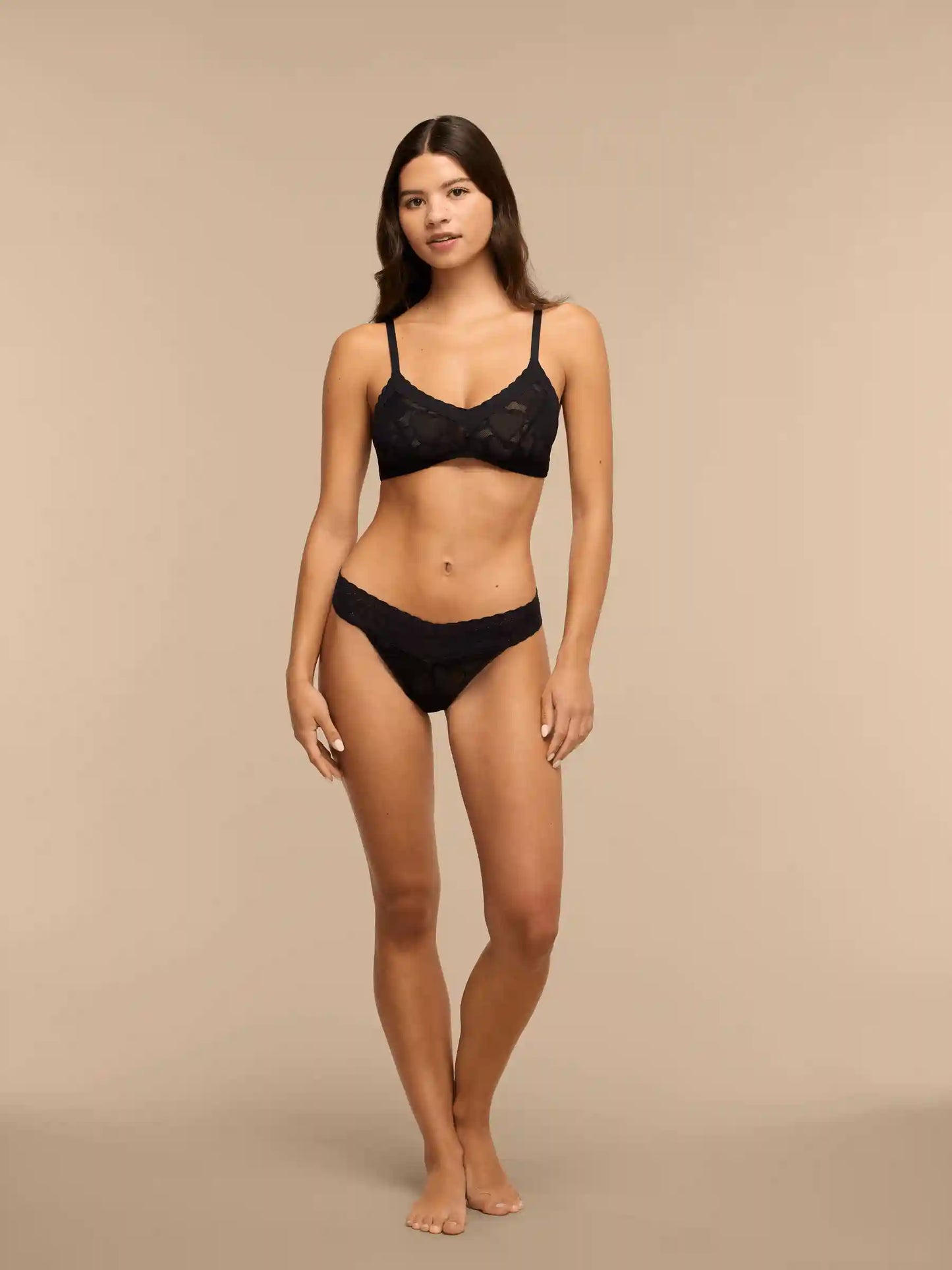 All Over Lace V-Front Thong | Black Hearts